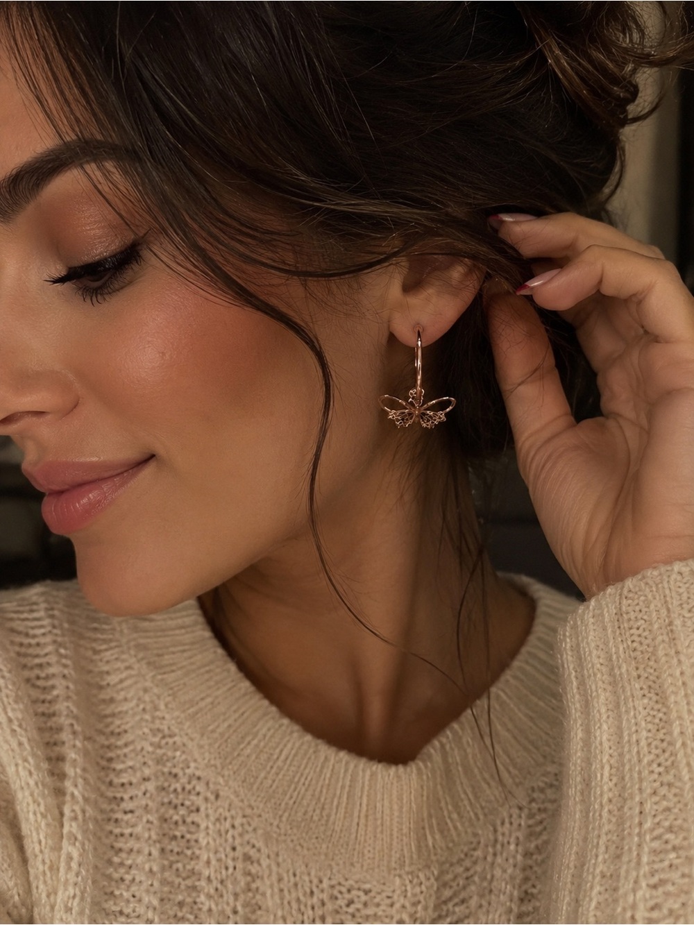 Rose Gold Butterfly Delicate Hoop Earrings